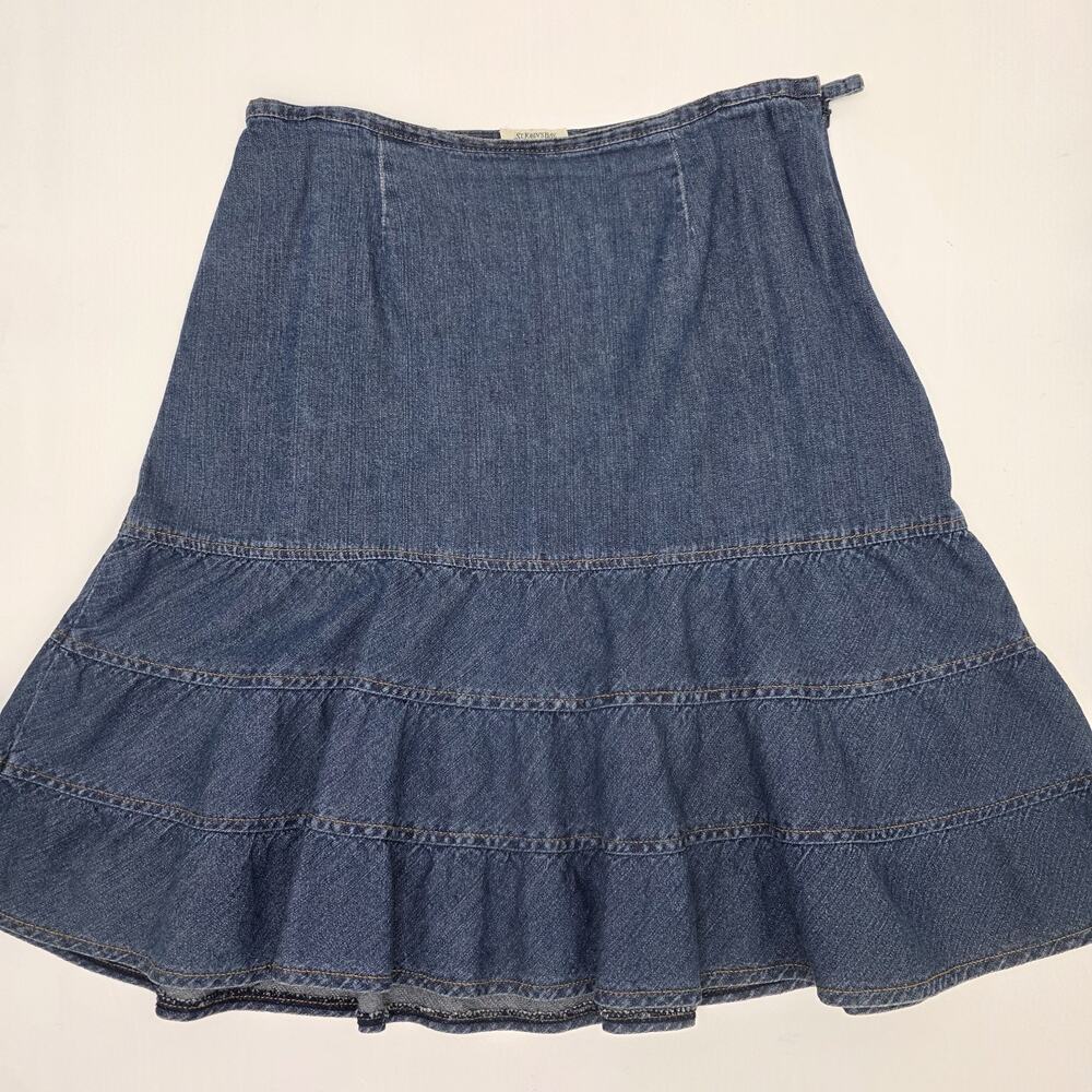 Vintage St John's Bay Denim Skirt Cotton Bell Flared Tiered 90s Y2K Size 8 USA
